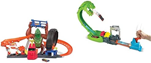 Cheap Toxic Gorilla Slam Gas Station & Tire Repair Shop Playset With Adjustable Launcher Lights & Sounds & 1 1:64 Scale Car Connects To Other Track Sets Gift For Kids 5 Years Old & Up - Indoor Racing Activity Set