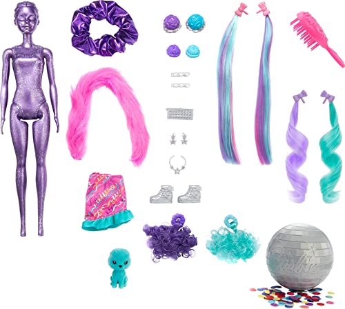 New Color Reveal Doll Glittery Purple With 25 Hairstyling & Party-Themed Surprises Including 10 Plug-in Hair Pieces Gift For Kids 3 Years Old & Up - Classic Train Play Edition