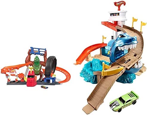 Cheap Toxic Gorilla Slam Gas Station & Tire Repair Shop Playset With Adjustable Launcher Lights & Sounds & 1 1:64 Scale Car Connects To Other Track Sets Gift For Kids 5 Years Old & Up - Indoor Racing Activity Set