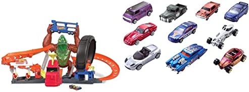 Cheap Toxic Gorilla Slam Gas Station & Tire Repair Shop Playset With Adjustable Launcher Lights & Sounds & 1 1:64 Scale Car Connects To Other Track Sets Gift For Kids 5 Years Old & Up - Indoor Racing Activity Set