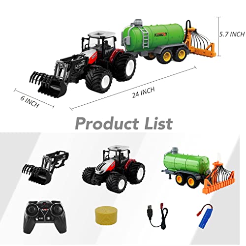 Remote Control Tractor Toy RC Truck With Trailer Farm Vehicle Toys Barrel Trailer With Spread Tubes Frontloader 1/24 Scale 2.4Ghz Farm Playset Toy For Kids Age 5 6 7 8 9 Up Years Old - Construction Vehicle Activity Set