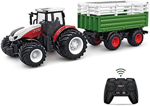 RC Tractor Remote Control Farm Truck With Trailer 1/24 Scale 2.4Ghz Electronic Tractor Farm Vehicle Toy With Light For Kids Age 5 6 7 8 9 And Up Years Old - Construction Vehicle Activity Set