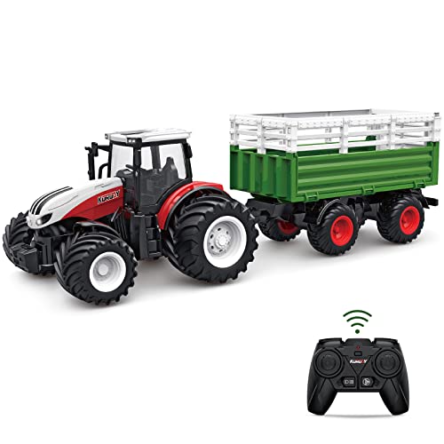 RC Tractor Remote Control Farm Truck With Trailer 1/24 Scale 2.4Ghz Electronic Tractor Farm Vehicle Toy With Light For Kids Age 5 6 7 8 9 And Up Years Old - Construction Vehicle Activity Set
