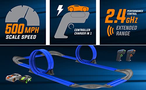 Mote Control Cordless Glow In The Dark High-Speed Super Loop Speedway Track Set With Two Cars For Dual Racing Glow Blue Blue Glow - Indoor Racing Activity Set