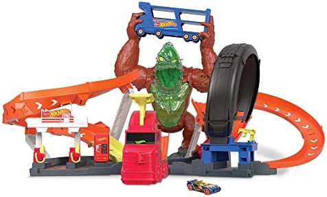 Cheap Toxic Gorilla Slam Gas Station & Tire Repair Shop Playset With Adjustable Launcher Lights & Sounds & 1 1:64 Scale Car Connects To Other Track Sets Gift For Kids 5 Years Old & Up - Indoor Racing Activity Set