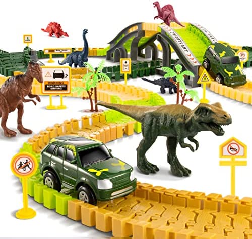 New Dinosaur Train Toys For Kids Longer Track 6 Realistic Jurassic Dino Figures 2 Electric Toy Car Twisted Flexible Train Track Set For Toddlers Boys & Girls 3 4 5 6 7 Years - Indoor Racing Activity Set