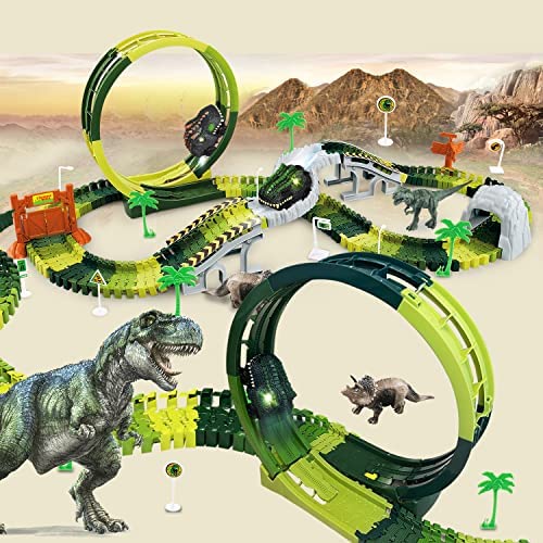 Inodoo Magic Tracks For Boys Girls Kids 144Pcs Flexible Glow In The Dark Race Track With LED Light-Up Dinosaur Race Car STEM Building Slot Car Toys well-suited Christmas Birthday Gifts For Aged 4-8 Dinosaur Race Track - Indoor Racing Activity Set