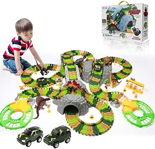 New Dinosaur Train Toys For Kids Longer Track 6 Realistic Jurassic Dino Figures 2 Electric Toy Car Twisted Flexible Train Track Set For Toddlers Boys & Girls 3 4 5 6 7 Years - Indoor Racing Activity Set