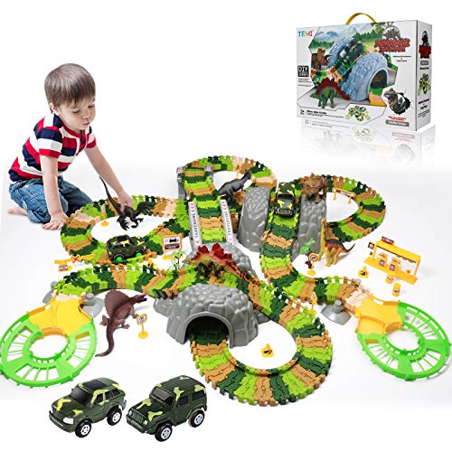New Dinosaur Train Toys For Kids Longer Track 6 Realistic Jurassic Dino Figures 2 Electric Toy Car Twisted Flexible Train Track Set For Toddlers Boys & Girls 3 4 5 6 7 Years - Indoor Racing Activity Set