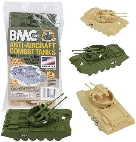 Promo Lassic Payton Anti-Aircraft Tanks – 4pc Tan Green Plastic Army Men Vehicle - Classic Train Play Edition