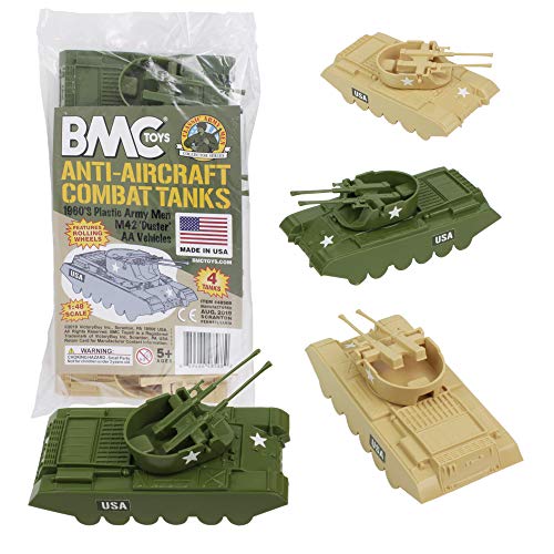 Promo Lassic Payton Anti-Aircraft Tanks – 4pc Tan Green Plastic Army Men Vehicle - Classic Train Play Edition