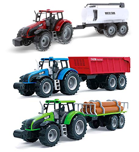 Friction Powered Farm Tractor Vehicles 16.5 Includes Farmer Tractor Water Tank And Log Trailer Push & Go No Batteries Needed (3pc Set) - Construction Vehicle Activity Set
