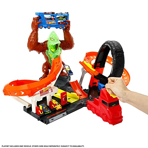 Cheap Toxic Gorilla Slam Gas Station & Tire Repair Shop Playset With Adjustable Launcher Lights & Sounds & 1 1:64 Scale Car Connects To Other Track Sets Gift For Kids 5 Years Old & Up - Indoor Racing Activity Set