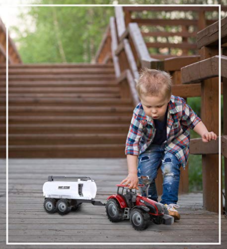 Friction Powered Farm Tractor Vehicles 16.5 Includes Farmer Tractor Water Tank And Log Trailer Push & Go No Batteries Needed (3pc Set) - Construction Vehicle Activity Set