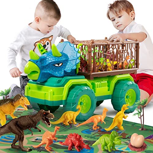Budget Dinosaur Truck Toys For Kids 3-5 Years Tyrannosaurus Transport Car Carrier Truck With 8 Dino Figures Activity Play Mat Dinosaur Eggs Capture Jurassic Dinosaur Play Set For Boys And Girls - Indoor Racing Activity Set