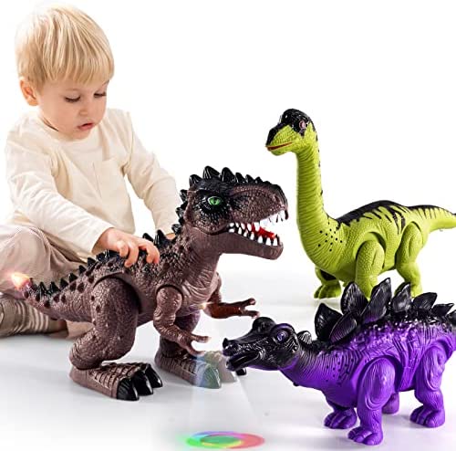 New 3 Pack Electric Walking Dinosaur Toys For Toddlers 2-4 3-5 Years With Roar Sounds And Lights Up Realistic Robot T-Rex Brachiosaurus Stegosaurus Dinosaur Figures For Kids - Indoor Racing Activity Set