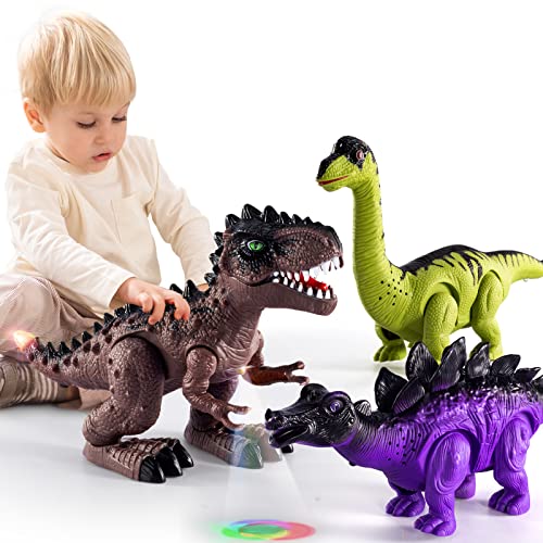 New 3 Pack Electric Walking Dinosaur Toys For Toddlers 2-4 3-5 Years With Roar Sounds And Lights Up Realistic Robot T-Rex Brachiosaurus Stegosaurus Dinosaur Figures For Kids - Indoor Racing Activity Set