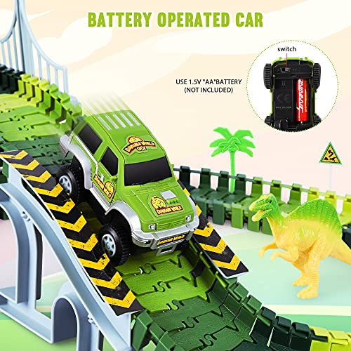 Deals Dinosaur Toys-187 Pcs Create A Dinosaur World Road Race Flexible Track Playset 4 Dinosaurs-2 Race Cars For 3 4 5 6 Years Up Old Boys Girls well-suited Gift - Indoor Racing Activity Set