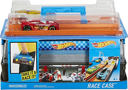 Discount Race Case Track Set With 2 Hot Wheels Cars Dual Launcher For Side-By-Side Racing Storage Container Toy For Kids 4 Years Old & Up - Indoor Racing Activity Set