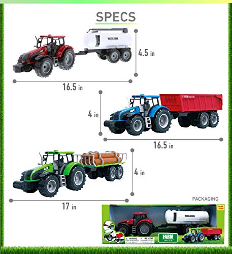 Friction Powered Farm Tractor Vehicles 16.5 Includes Farmer Tractor Water Tank And Log Trailer Push & Go No Batteries Needed (3pc Set) - Construction Vehicle Activity Set