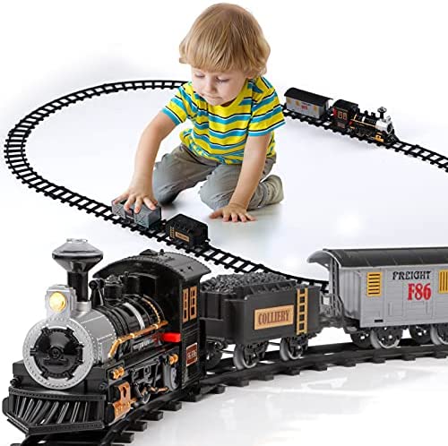 Electric Christmas Train Set For Kids Battery-Powered Train Toys With Sounds Include 4 Cars And 10 Tracks Classic Toy Train Set For 3 4 5 6 Years Old Boys Girls - Classic Train Play Edition
