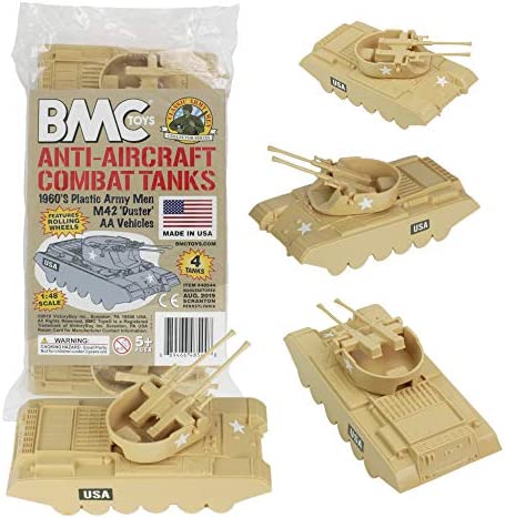 Promo Lassic Payton Anti-Aircraft Tanks – 4pc Tan Green Plastic Army Men Vehicle - Classic Train Play Edition