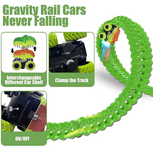 Inodoo Magic Tracks For Boys Girls Kids 144Pcs Flexible Glow In The Dark Race Track With LED Light-Up Dinosaur Race Car STEM Building Slot Car Toys well-suited Christmas Birthday Gifts For Aged 4-8 Dinosaur Race Track - Indoor Racing Activity Set