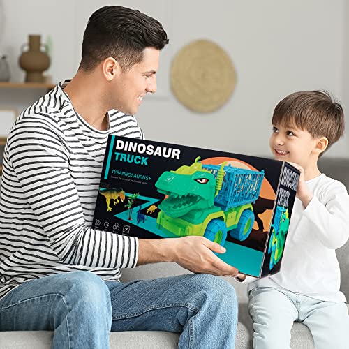Budget Dinosaur Truck Toys For Kids 3-5 Years Tyrannosaurus Transport Car Carrier Truck With 8 Dino Figures Activity Play Mat Dinosaur Eggs Capture Jurassic Dinosaur Play Set For Boys And Girls - Indoor Racing Activity Set