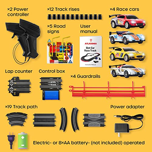 Slot Car Race Track Sets – Battery Or Electric Race Car Track With 4 Cars Dual Electric Race Track W/ 2 Remotes Lap Counter & Lights For Girls & Boys Age 8-12 - Indoor Racing Activity Set