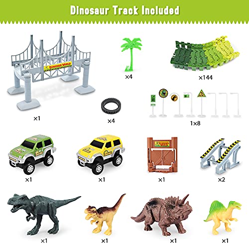 Deals Dinosaur Toys-187 Pcs Create A Dinosaur World Road Race Flexible Track Playset 4 Dinosaurs-2 Race Cars For 3 4 5 6 Years Up Old Boys Girls well-suited Gift - Indoor Racing Activity Set