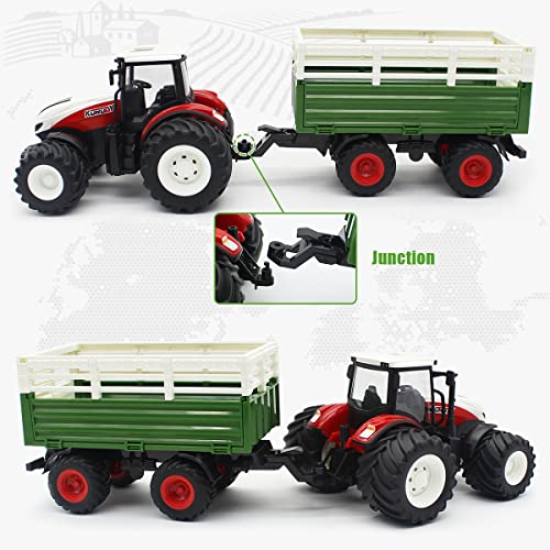 RC Tractor Remote Control Farm Truck With Trailer 1/24 Scale 2.4Ghz Electronic Tractor Farm Vehicle Toy With Light For Kids Age 5 6 7 8 9 And Up Years Old - Construction Vehicle Activity Set