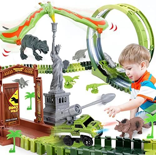 174 PCS Dinosaur Toys Race Track Flexible Train Tracks With 8 Dinosaurs Figures 2 Electric Race Cars Vehicle Playset With Lights To Create A Dinosaur World Road Race For Toddlers Kids Boys Girls - Indoor Racing Activity Set