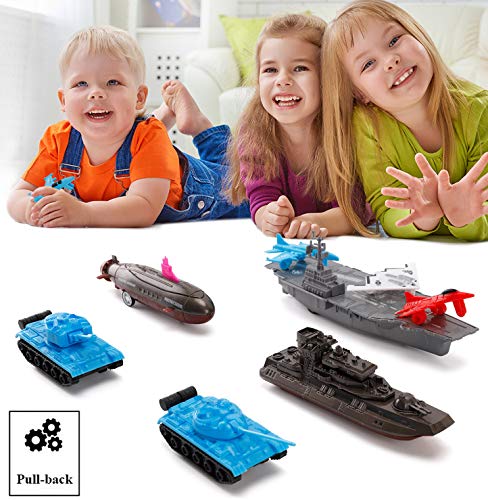Aircraft Carrier Pullback Mini Military Toy Playset With Fighter Jets Stealth Bomber Tank Warship Submarine (8 Pieces) - Sea Mission Play Edition