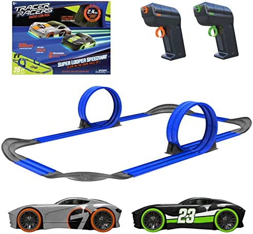 Mote Control Cordless Glow In The Dark High-Speed Super Loop Speedway Track Set With Two Cars For Dual Racing Glow Blue Blue Glow - Indoor Racing Activity Set
