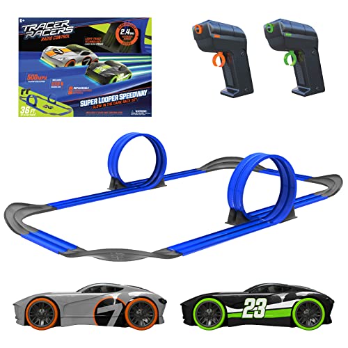 Mote Control Cordless Glow In The Dark High-Speed Super Loop Speedway Track Set With Two Cars For Dual Racing Glow Blue Blue Glow - Indoor Racing Activity Set