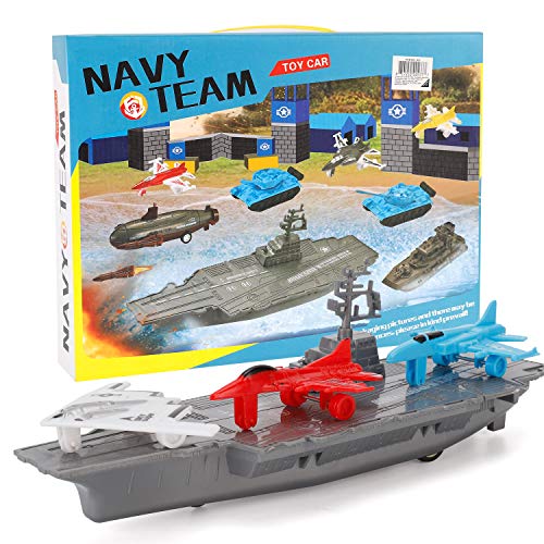 Aircraft Carrier Pullback Mini Military Toy Playset With Fighter Jets Stealth Bomber Tank Warship Submarine (8 Pieces) - Sea Mission Play Edition