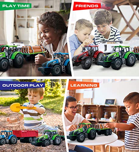 Friction Powered Farm Tractor Vehicles 16.5 Includes Farmer Tractor Water Tank And Log Trailer Push & Go No Batteries Needed (3pc Set) - Construction Vehicle Activity Set