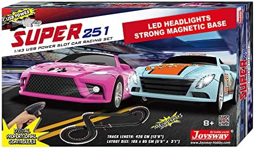 Super 251 USB Power Slot Car Racing Set LED Headlights Strong Magnetic Base Mechanical Lap Counter & Powerbase Integrated As Combo Track For Ages 8 And Up - Indoor Racing Activity Set