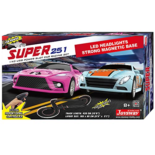 Super 251 USB Power Slot Car Racing Set LED Headlights Strong Magnetic Base Mechanical Lap Counter & Powerbase Integrated As Combo Track For Ages 8 And Up - Indoor Racing Activity Set