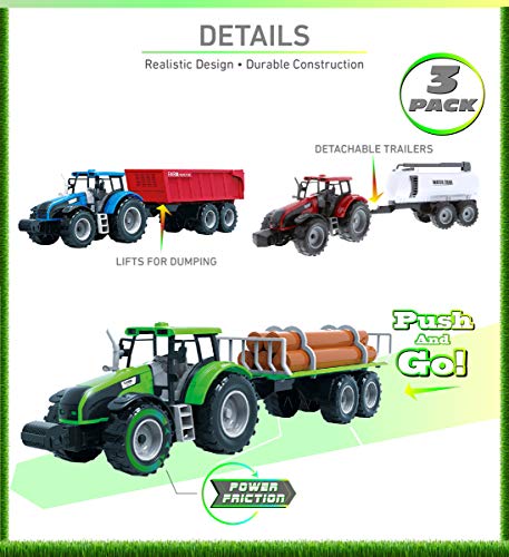 Friction Powered Farm Tractor Vehicles 16.5 Includes Farmer Tractor Water Tank And Log Trailer Push & Go No Batteries Needed (3pc Set) - Construction Vehicle Activity Set