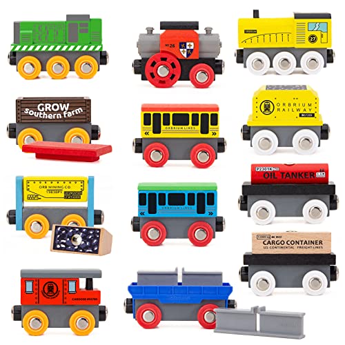 New Toys 12 (20 Pcs) Wooden Train Cars For Kids + Dual-use Wooden Box Cover/Tunnel Wooden Train Set Trains Toy Compatible With Thomas Wooden Railway Brio - Classic Train Play Edition