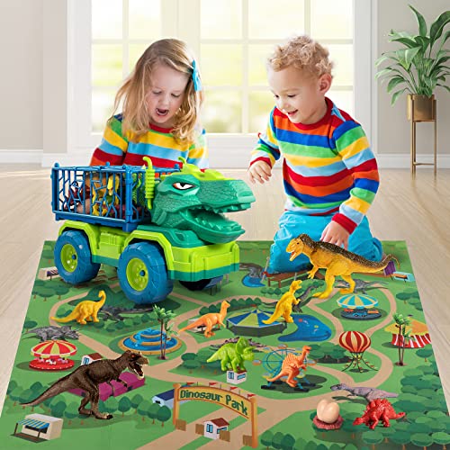 Budget Dinosaur Truck Toys For Kids 3-5 Years Tyrannosaurus Transport Car Carrier Truck With 8 Dino Figures Activity Play Mat Dinosaur Eggs Capture Jurassic Dinosaur Play Set For Boys And Girls - Indoor Racing Activity Set