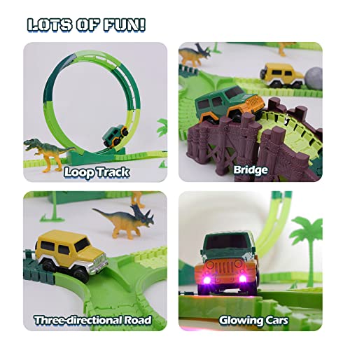 Dinosaur Toys For Kids 3-5 245 Pcs Dino Race Car Track Create A Dinosaur World Road Race With Flexible Train Track Playset 2 Electric Dinosaur Race Cars Toy,well-suited Gift For 3 4 5 Years Old Boys Girls Pink - Indoor Racing Activity Set
