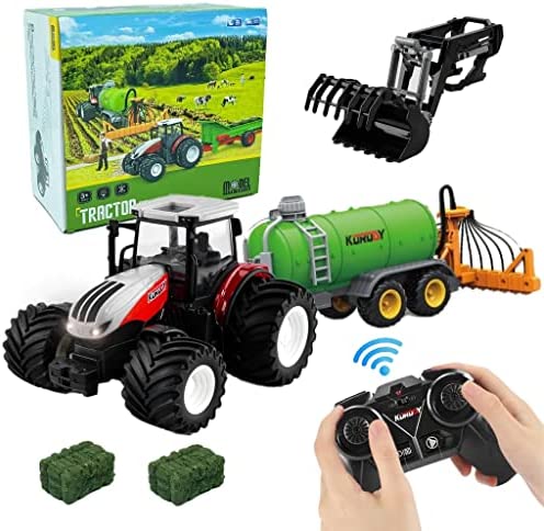Remote Control Tractor Toy RC Truck With Trailer Farm Vehicle Toys Barrel Trailer With Spread Tubes Frontloader 1/24 Scale 2.4Ghz Farm Playset Toy For Kids Age 5 6 7 8 9 Up Years Old - Construction Vehicle Activity Set