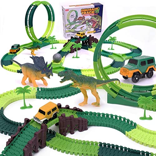 Dinosaur Toys For Kids 3-5 245 Pcs Dino Race Car Track Create A Dinosaur World Road Race With Flexible Train Track Playset 2 Electric Dinosaur Race Cars Toy,well-suited Gift For 3 4 5 Years Old Boys Girls Pink - Indoor Racing Activity Set