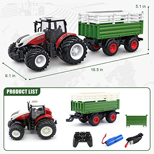 RC Tractor Remote Control Farm Truck With Trailer 1/24 Scale 2.4Ghz Electronic Tractor Farm Vehicle Toy With Light For Kids Age 5 6 7 8 9 And Up Years Old - Construction Vehicle Activity Set