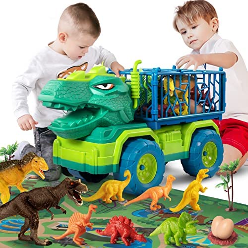 Budget Dinosaur Truck Toys For Kids 3-5 Years Tyrannosaurus Transport Car Carrier Truck With 8 Dino Figures Activity Play Mat Dinosaur Eggs Capture Jurassic Dinosaur Play Set For Boys And Girls - Indoor Racing Activity Set