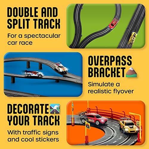 Slot Car Race Track Sets – Battery Or Electric Race Car Track With 4 Cars Dual Electric Race Track W/ 2 Remotes Lap Counter & Lights For Girls & Boys Age 8-12 - Indoor Racing Activity Set