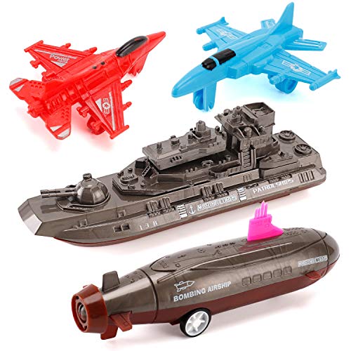 Aircraft Carrier Pullback Mini Military Toy Playset With Fighter Jets Stealth Bomber Tank Warship Submarine (8 Pieces) - Sea Mission Play Edition