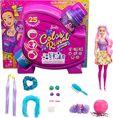 New Color Reveal Doll Glittery Purple With 25 Hairstyling & Party-Themed Surprises Including 10 Plug-in Hair Pieces Gift For Kids 3 Years Old & Up - Classic Train Play Edition